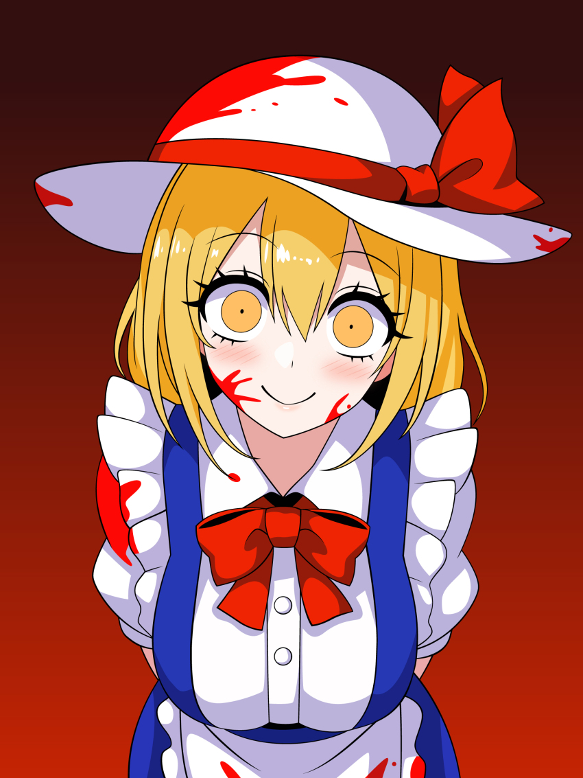 1girl absurdres apron arms_behind_back blonde_hair blood blood_on_clothes blood_on_face blood_on_hat blue_dress bow constricted_pupils dress eyelashes frills hat hat_ribbon highres kana_anaberal puffy_short_sleeves puffy_sleeves ribbon short_hair short_sleeves smile ssaf_seibeupail touhou touhou_(pc-98) yellow_eyes