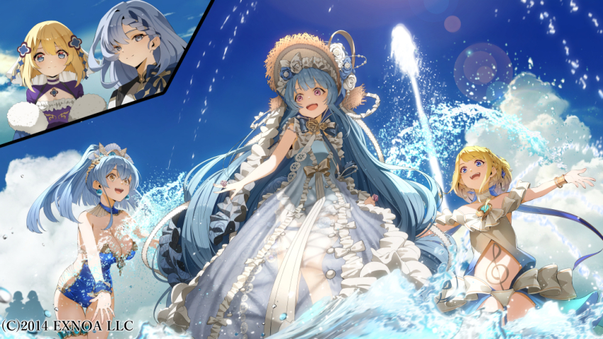 5girls :d bikini blonde_hair blue_dress blue_eyes blue_flower blue_hair blue_one-piece_swimsuit blue_rose blue_sky bow braid breasts brown_eyes brown_hat character_request cleavage closed_mouth cloud commentary_request day dress flower frilled_dress frills hat hoshizaki_reita large_breasts long_hair multiple_girls official_art one-piece_swimsuit open_mouth oshiro_project:re outdoors ponytail purple_dress purple_eyes rose see-through_clothes sky smile splashing strapless strapless_one-piece_swimsuit straw_hat swimsuit very_long_hair water white_bikini white_bow white_flower white_rose