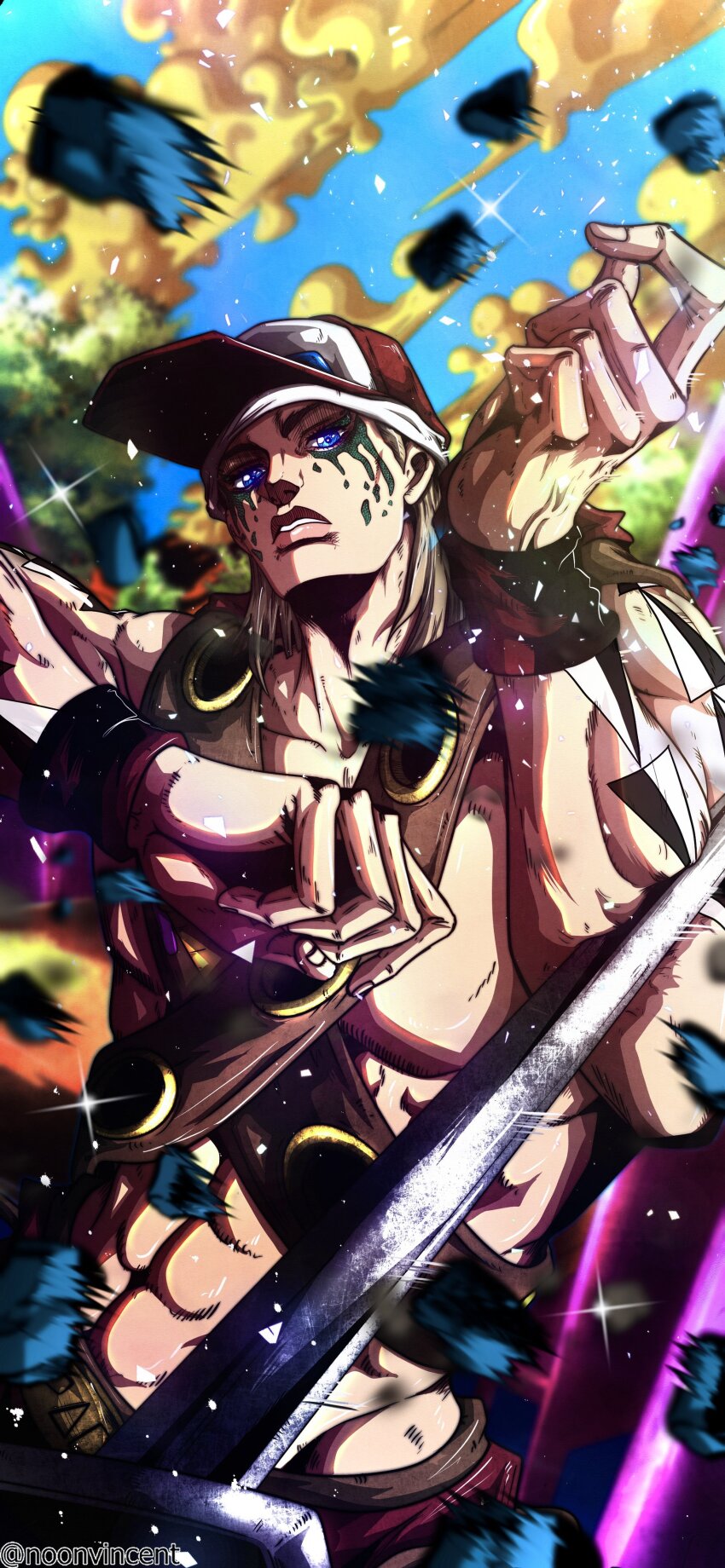 1boy abs absurdres araki_hirohiko_(style) baseball_cap blue_eyes blue_sky brown_hair chest_harness harness hat highres jojo_no_kimyou_na_bouken knife looking_at_viewer male_focus muscular muscular_male noonvincent paco_laburantes parted_lips shoulder_belt sky solo sparkle stand_(jojo) teeth the_jojolands wristband yellow_clouds