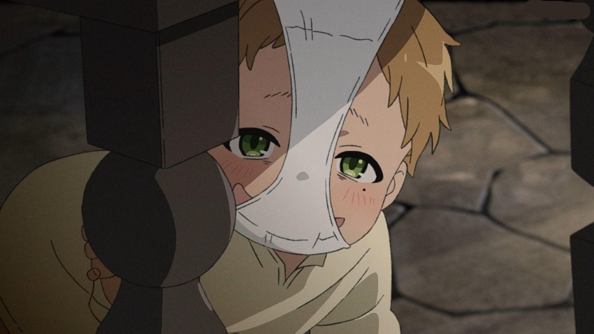 1boy anime_screenshot blush brown_hair crawling green_eyes highres mushoku_tensei object_on_head panties panties_on_face panties_on_head rudeus_greyrat shirt smile underwear