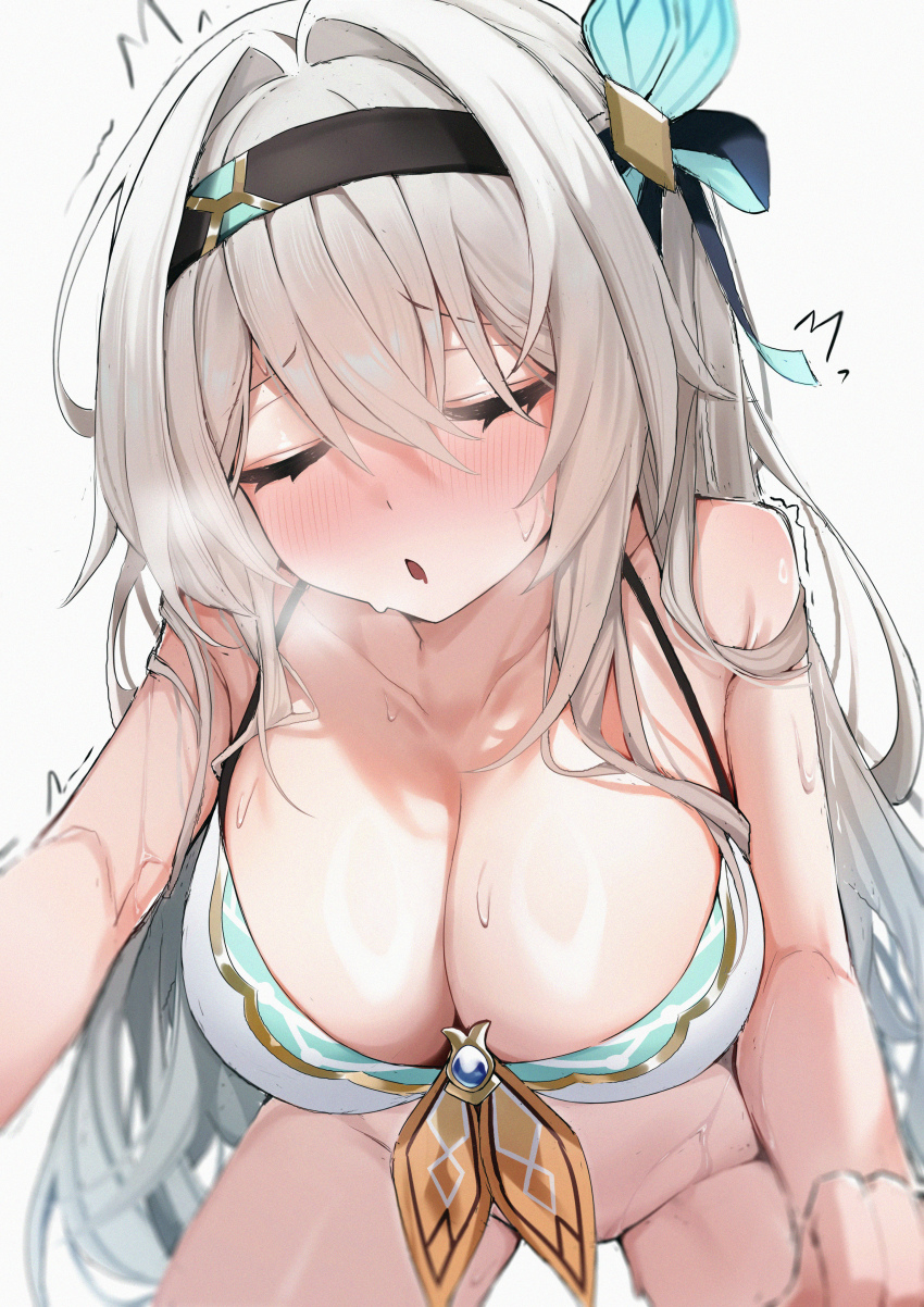 1girl absurdres bare_arms bikini blush bottomless breasts cleavage closed_eyes cowboy_shot firefly_(honkai:_star_rail) furrowed_brow grey_hair hair_between_eyes hairband highres honkai:_star_rail honkai_(series) large_breasts light_brown_hair long_hair multicolored_hair open_mouth sidelocks simple_background solo swimsuit trembling two-tone_hair wendao wet white_background white_bikini
