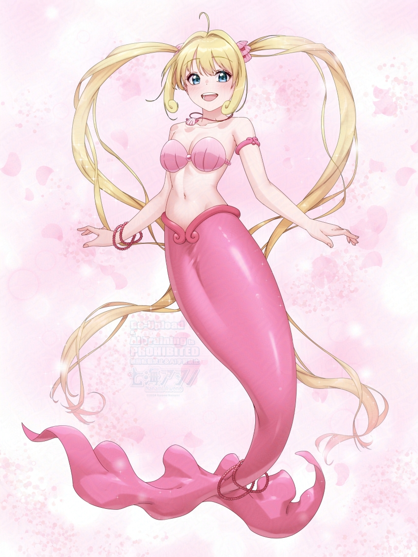 1girl absurdres ahoge awono_nanaumi bead_tail_ornament bikini blonde_hair blue_eyes bracelet breasts earrings fins fish_tail full_body hair_intakes happy_birthday highres jewelry long_hair medium_breasts mermaid mermaid_melody_pichi_pichi_pitch monster_girl nanami_lucia nanami_lucia_(mermaid) navel necklace pink_tail shell shell_bikini shell_earrings shell_necklace solo swimsuit tail twintails
