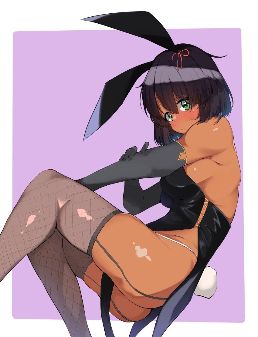 1girl absurdres alternate_costume animal_ears black_dress black_hair blush bob_cut border breasts closed_mouth commentary dark-skinned_female dark_skin dress elbow_gloves fake_animal_ears fake_tail from_above garter_straps girls_und_panzer gloves green_eyes grey_gloves grey_thighhighs highres hoshino_(girls_und_panzer) kshimu leotard light_frown looking_at_viewer lying medium_breasts medium_dress on_side outside_border panties pelvic_curtain playboy_bunny purple_background rabbit_ears rabbit_tail short_hair simple_background solo string_panties tail thighhighs underwear white_background white_border white_panties
