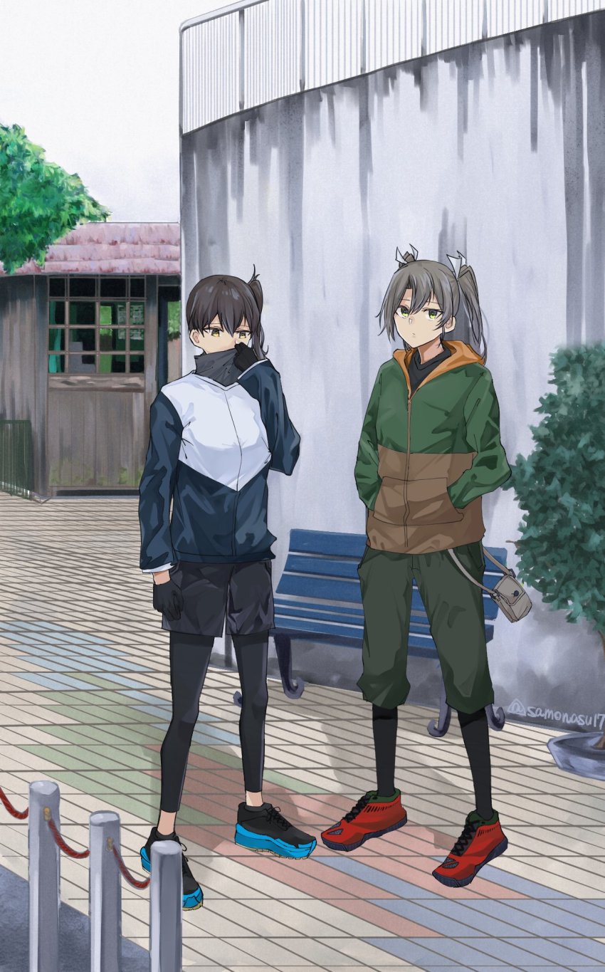 2girls alternate_costume bench black_pants black_shorts brown_eyes brown_hair commentary_request full_body green_pants grey_hair hands_in_pockets highres house jacket kaga_(kancolle) kantai_collection long_hair looking_at_viewer multicolored_jacket multiple_girls pants pants_under_shorts railing samonasu17 shorts side_ponytail standing twintails two-tone_jacket zuikaku_(kancolle)