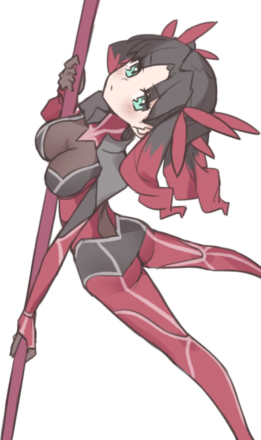 absurdres ass black_bodysuit bodysuit breasts brown_hair cosplay cu_chulainn_(fate) cu_chulainn_(fate/extra) cu_chulainn_(fate/extra)_(cosplay) fate/extra fate/extra_last_encore fate_(series) gae_bolg_(fate) green_eyes highres kopaka_(karda_nui) medium_breasts multicolored_hair parted_bangs polearm red_bodysuit red_hair solo spear thighs tohsaka_rin tohsaka_rin_(fate/extra) tohsaka_rin_(lancer) two-tone_bodysuit two-tone_hair two_side_up weapon