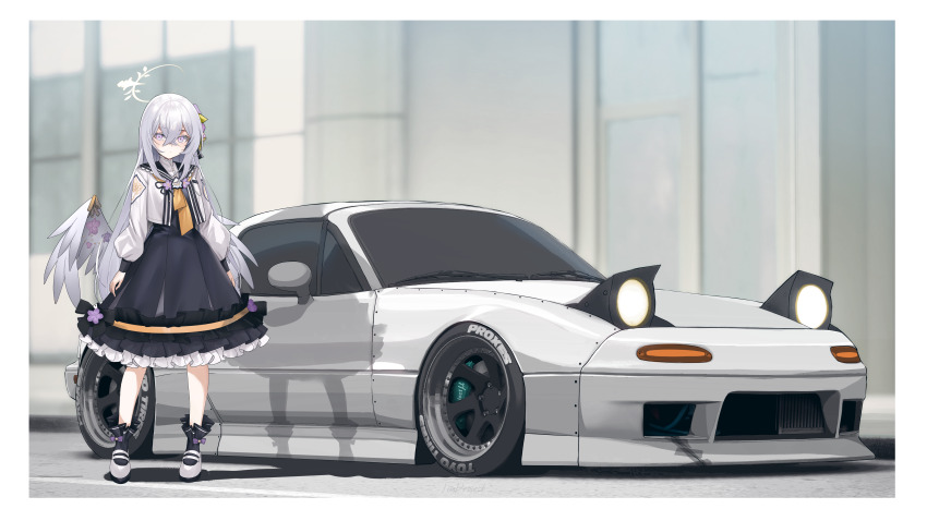 1girl absurdres angel_wings azusa_(blue_archive) black_dress black_socks blue_archive car closed_mouth commentary crescent_halo dress english_commentary eunos_roadster feathered_wings flower frilled_dress frills full_body hair_between_eyes hair_flower hair_ornament halo highres jacket jun_project long_hair long_sleeves mazda_mx-5 mazda_mx-5_na motor_vehicle pink_eyes pink_flower puffy_long_sleeves puffy_sleeves shoes socks solo standing white_hair white_jacket white_shoes white_wings wings