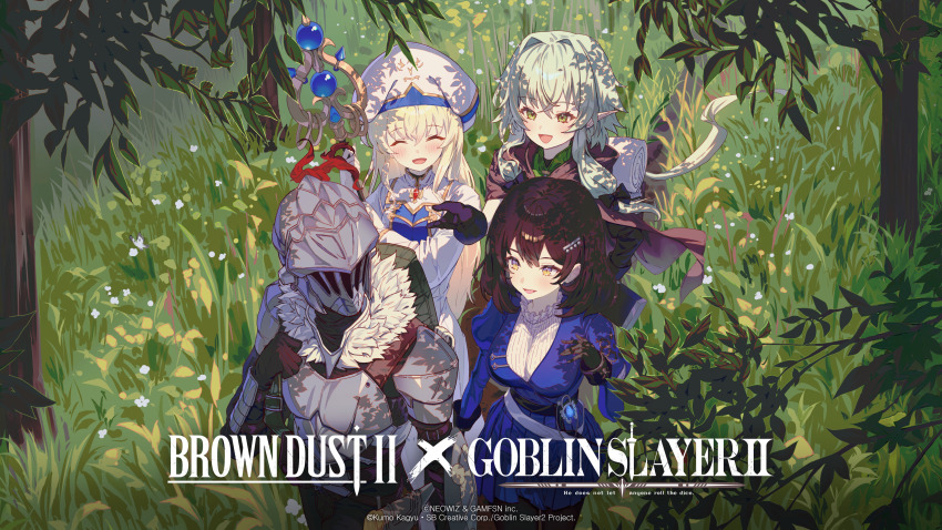 1boy 3girls absurdres armor backpack bag black_hair blonde_hair blue_dress breastplate brown_cloak brown_dust_(series) brown_dust_2 brown_eyes capelet cloak closed_eyes copyright_name dress elf goblin_slayer goblin_slayer! grass green_eyes green_hair hair_between_eyes hair_intakes hair_ornament hairclip hat helmet high_elf_archer_(goblin_slayer!) highres juliet_sleeves long_hair long_sleeves looking_at_another medium_hair mont_blanca multiple_girls official_art official_wallpaper open_mouth pauldrons pointy_ears priestess_(goblin_slayer!) puffy_sleeves robe scheherazade_(brown_dust) scheherazade_(the_lapis_witch)_(brown_dust) second-party_source shoulder_armor smile sweater tall_grass vambraces very_long_hair walking white_capelet white_hat white_robe white_sweater