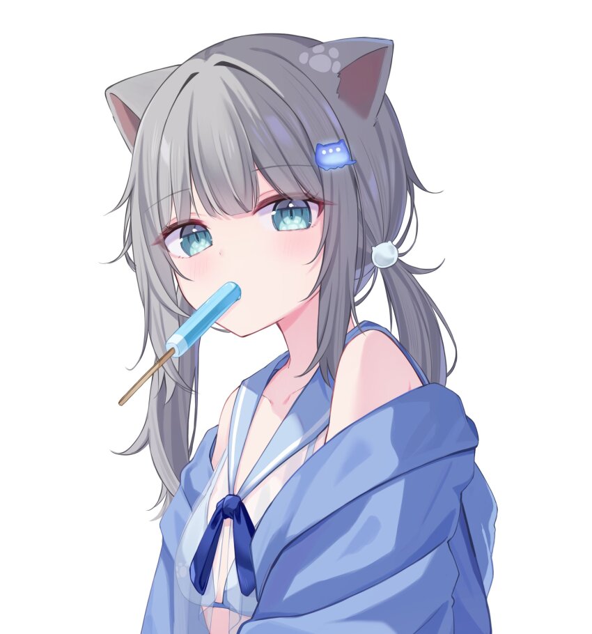 animal_ears blue_jacket blush bra cat_ears cat_girl collarbone commentary food food_in_mouth grey_hair hair_ornament highres indie_virtual_youtuber jacket long_hair looking_at_viewer nachoneko paw_print ponytail popsicle popsicle_in_mouth see-through_clothes shinshia_(sinsia_0928) simple_background underwear virtual_youtuber white_background
