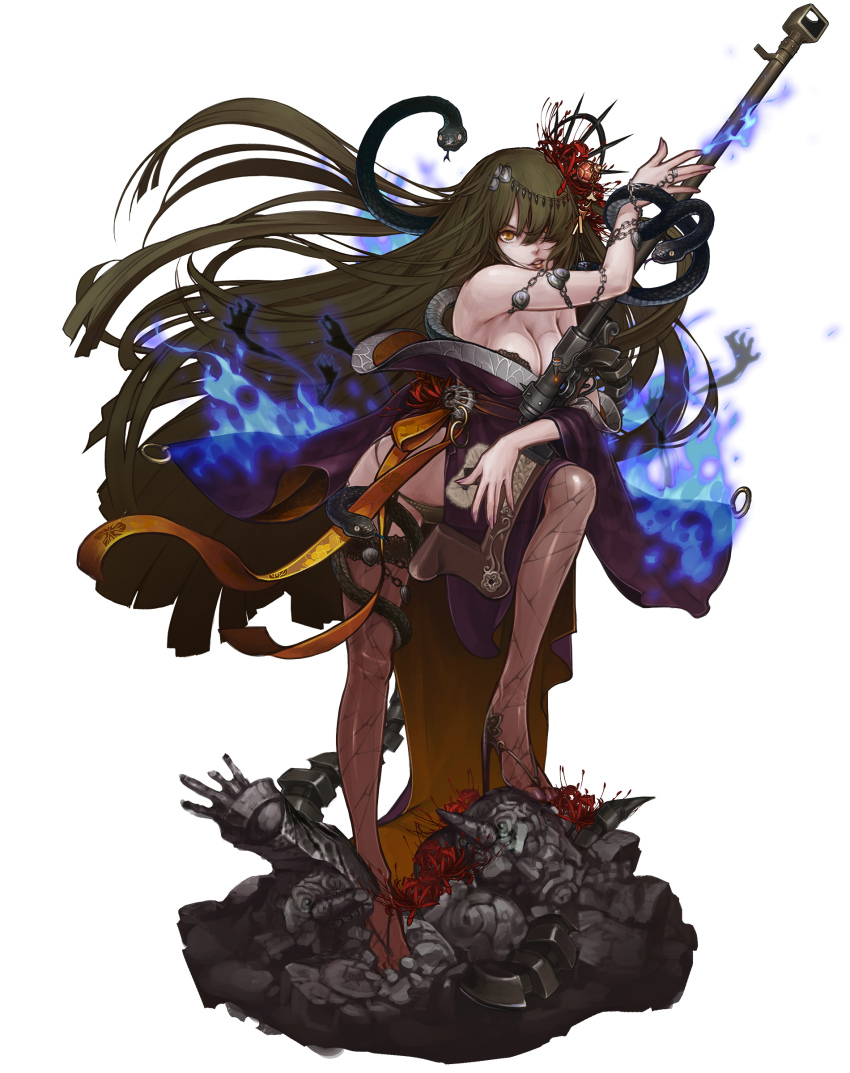 1girl absurdres anti-materiel_rifle artist_request bare_shoulders blue_fire breasts capcom chain character_request chinese_clothes cleavage fire flower green_hair green_panties gun hair_flower hair_ornament hair_over_one_eye high_heels highres jewelry large_breasts lips long_hair nail_polish off_shoulder official_art onimusha_soul orange_eyes panties pantyhose ribbon rifle ring shoes snake sniper_rifle underwear very_long_hair weapon