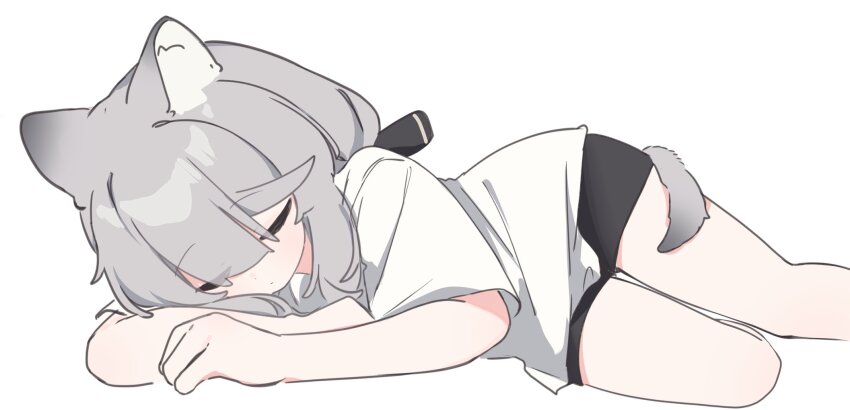 1girl animal_ear_fluff animal_ears black_ribbon black_shorts closed_eyes closed_mouth eyes_visible_through_hair feet_out_of_frame full_body grey_hair hair_between_eyes hair_ribbon highres lying on_side original ribbon riya_(01214) shirt short_shorts short_sleeves shorts simple_background solo tail white_background white_shirt