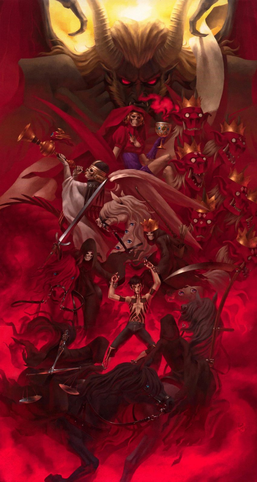 1boy absurdres arrow_(projectile) balance_scale black_rider bow_(weapon) chalice crown cup demi-fiend highres instrument kazuma_kaneko lucifer_(megami_tensei) mother_harlot pale_rider photoshop_(medium) quiver red_rider scythe shin_megami_tensei shin_megami_tensei_iii:_nocturne shiraishi_megumi_(colorist) sword trumpet trumpeter weapon weighing_scale white_rider