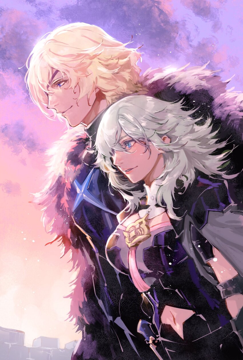 1boy 1girl anniversary armor battlement black_armor blonde_hair blue_eyes breastplate female_byleth_(enlightened)_(fire_emblem) female_byleth_(fire_emblem) cape closed_mouth clothing_cutout dimitri_alexandre_blaiddyd dimitri_alexandre_blaiddyd_(timeskip) eyepatch fire_emblem fire_emblem:_three_houses fur-trimmed_cape fur_trim green_hair grey_shirt hair_over_one_eye highres kin_mokusei long_hair looking_ahead medium_hair midriff navel navel_cutout nintendo outdoors parted_lips shirt side-by-side sky smile sunset tassel