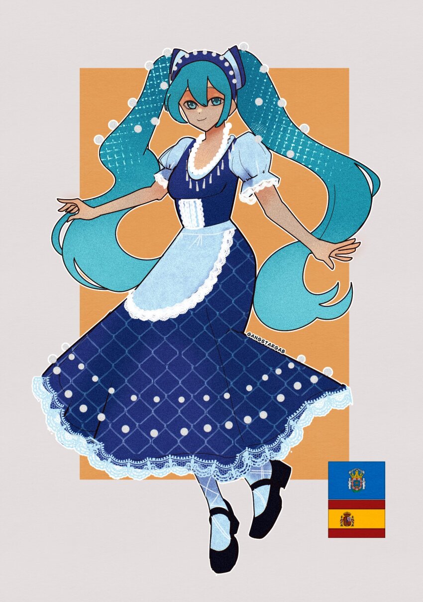 1girl apron black_shoes blue_apron blue_dress blue_eyes blue_hair breasts closed_mouth dress frilled_apron frills full_body gangstargab hair_ornament hatsune_miku highres long_hair looking_at_viewer melillan_flag pom_pom_(clothes) pom_pom_hair_ornament puffy_short_sleeves puffy_sleeves shoes short_sleeves small_breasts smile solo spanish_flag twintails very_long_hair vocaloid worldwide_miku