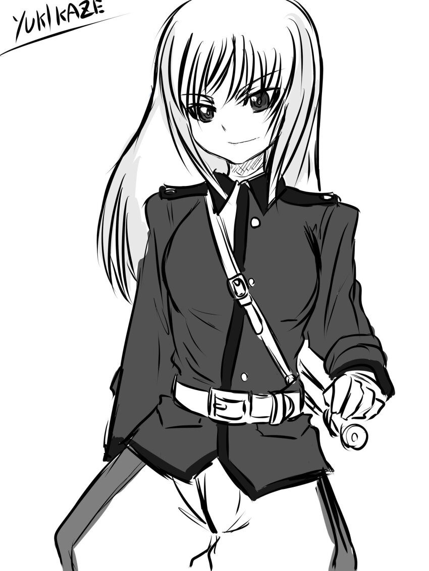 1girl adapted_costume belt cavalry_sword commentary_request girls_und_panzer highres jacket moesenyukikaze pants scabbard sheath signature st._gloriana&#039;s_military_uniform sword weapon white_pants