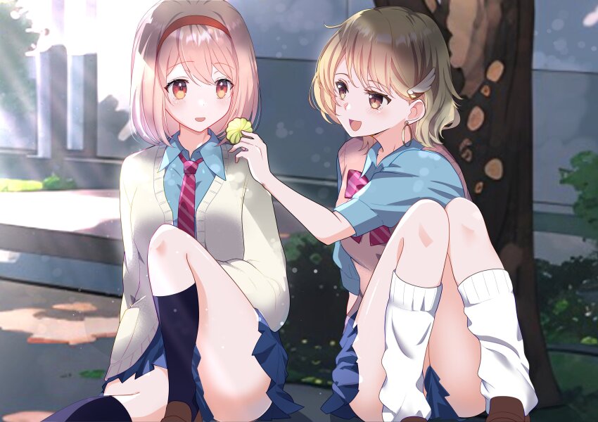 2girls absurdres alternate_costume azusa_(azchemist63) blonde_hair citrinne_(fire_emblem) cookie fire_emblem fire_emblem_engage food highres lapis_(fire_emblem) multiple_girls necktie nintendo pink_eyes pink_hair red_eyes school_uniform sitting striped_necktie