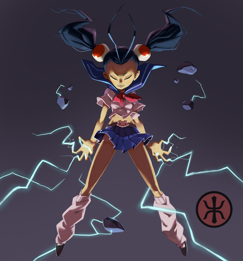 1girl absurdres antenna_hair bare_legs belt black_footwear black_hair blue_skirt breasts closed_eyes command_&amp;_conquer command_&amp;_conquer:_red_alert command_&amp;_conquer:_red_alert_3 electricity floating floating_rock grey_background highres kneehighs legs logo long_hair midriff rock saindoo short_sleeves skirt smile socks twintails white_socks yuriko_omega