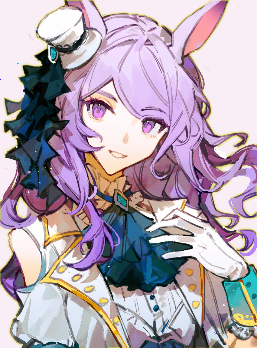 1girl absurdres animal_ears ascot clothing_cutout gloves green_ascot hand_up hat highres hikawayunn horse_ears jacket long_hair looking_at_viewer mejiro_mcqueen_(end_of_sky)_(umamusume) mejiro_mcqueen_(umamusume) mini_hat mini_top_hat open_mouth purple_eyes purple_hair shirt shoulder_cutout simple_background smile solo top_hat umamusume upper_body white_background white_gloves white_jacket white_shirt