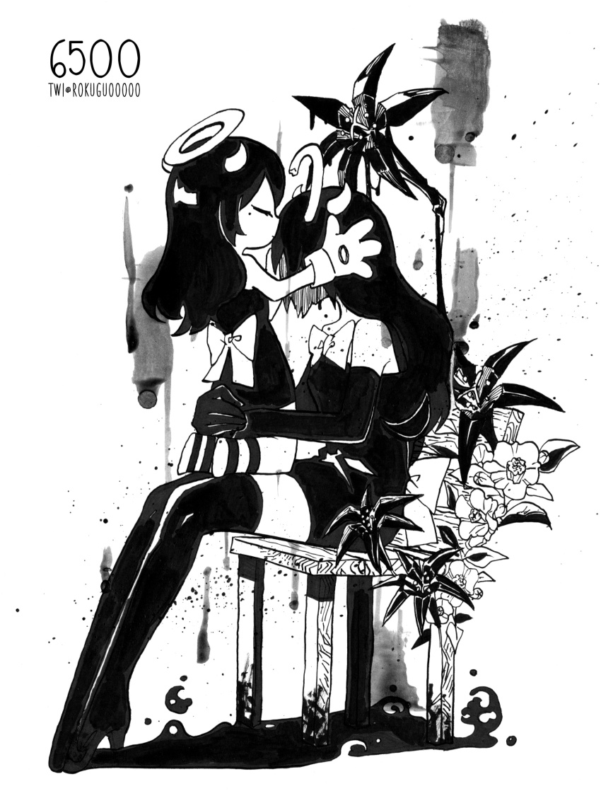 2girls alice_angel back_bow bare_shoulders bendy_and_the_ink_machine boots bow bowtie breasts broken_halo c_asca closed_eyes closed_mouth commentary_request demon_girl demon_horns dress dual_persona elbow_gloves face-to-face fewer_digits flower full_body gloves greyscale halo hands_on_another&#039;s_head hatching_(texture) high_contrast high_heel_boots high_heels highres horns ink kneeling long_hair mole mole_under_eye monochrome multiple_girls on_chair on_lap profile small_breasts strapless strapless_dress thigh_boots thighhighs u_u zettai_ryouiki