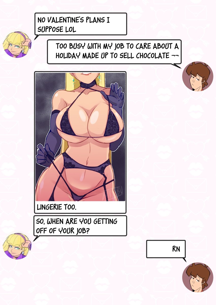 1boy 1girl absurdres banjabu bikini black_bikini black_choker black_garter_belt black_garter_straps blonde_hair breasts choker cleavage commentary dipper_pines elbow_gloves english_commentary english_text garter_belt garter_straps gloves gravity_falls grin head_out_of_frame highres huge_breasts lace_bikini lingerie long_hair micro_bikini pacifica_northwest selfie smile solo_focus straight_hair swimsuit teasing text_messaging underboob underwear underwear_only valentine