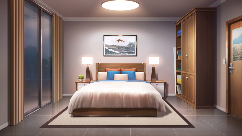 apartment balcony bed bedroom blanket carpet ceiling_light curtains desk_lamp door glass_door highres indoors lamp night no_humans non-web_source official_art our_life our_life:_beginnings_and_always photo_(object) pillow plant potted_plant railing shelf tile_floor tiles tree variant_set wardrobe window_light