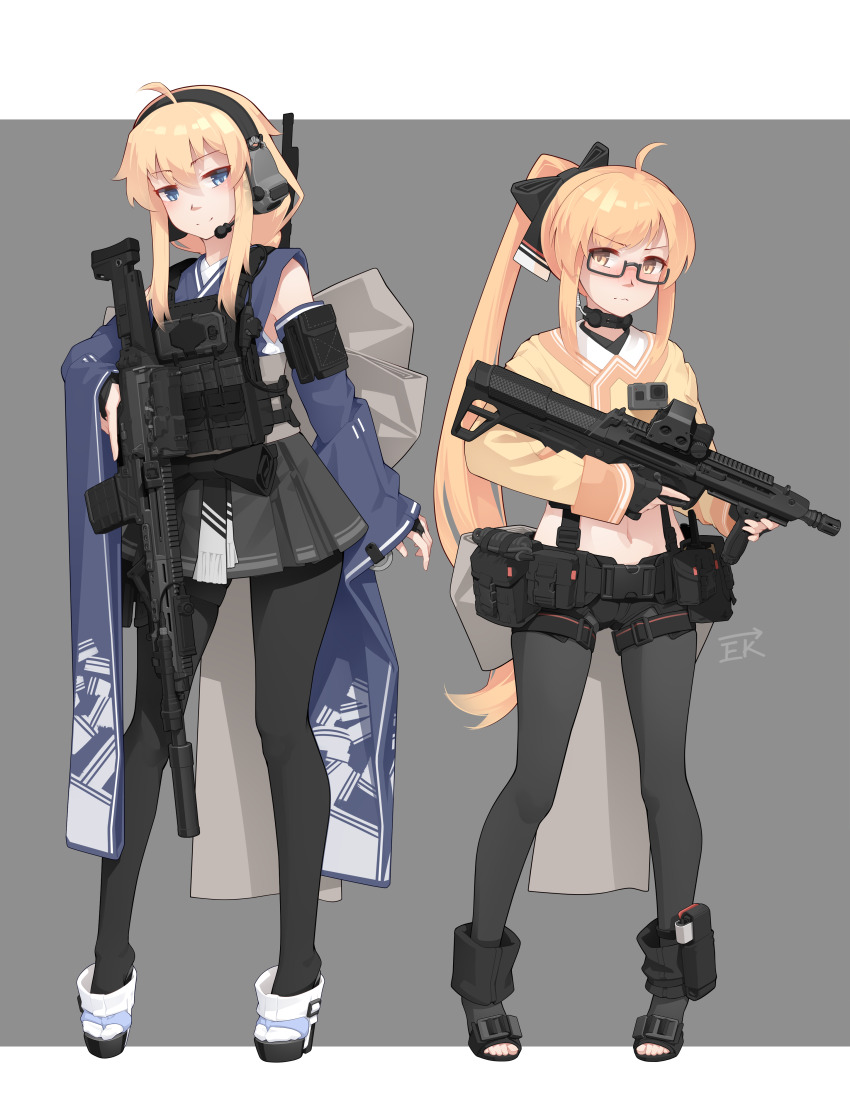 2girls absurdres ahoge ammunition_pouch bare_shoulders black_pantyhose blonde_hair blue_eyes blue_kimono blush br18 braid bulletproof_vest cz_bren-2_br detached_sleeves glasses headset highres indie_virtual_youtuber japanese_clothes kimono magazine_(weapon) multiple_girls nana_(xerbatt) nusisring_tactical okobo optical_sight original pantyhose platform_sandals ponytail pouch sandals short_shorts shorts simple_background single_braid smile socks tabi tactical_clothes toes vectorek whiskey_project yellow_eyes yellow_kimono