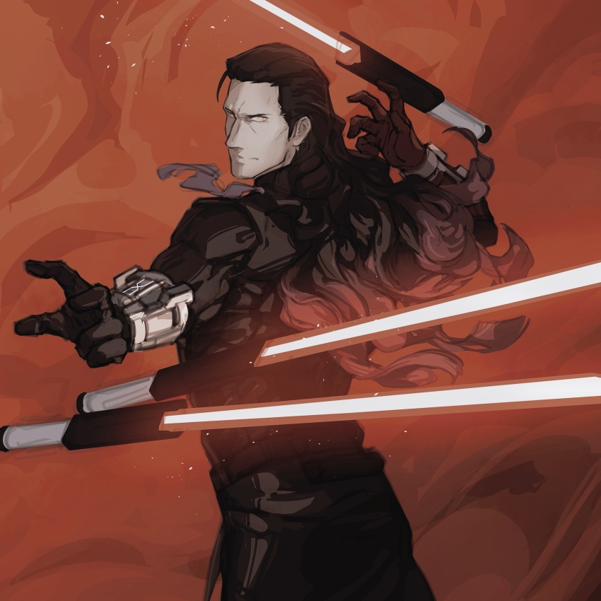 1boy absurdres black_bodysuit black_hair bodysuit cowboy_shot dust energy_sword fate/grand_order fate_(series) gloves highres holding holding_sword holding_weapon lightsaber long_hair looking_at_viewer looking_back male_focus nikola_tesla_(fate) red_background science_fiction solo star_wars sword viscontiapclyps weapon yellow_eyes