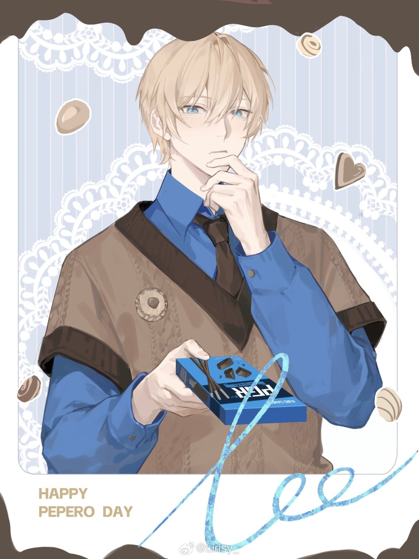 1boy black_necktie blonde_hair blue_eyes blue_shirt brown_vest character_name chinese_commentary chocolate finger_to_own_chin food highres incoming_food lee_(pgr) lirisy male_focus necktie pock_day pocky punishing:_gray_raven shirt solo vest watermark weibo_username weibo_watermark