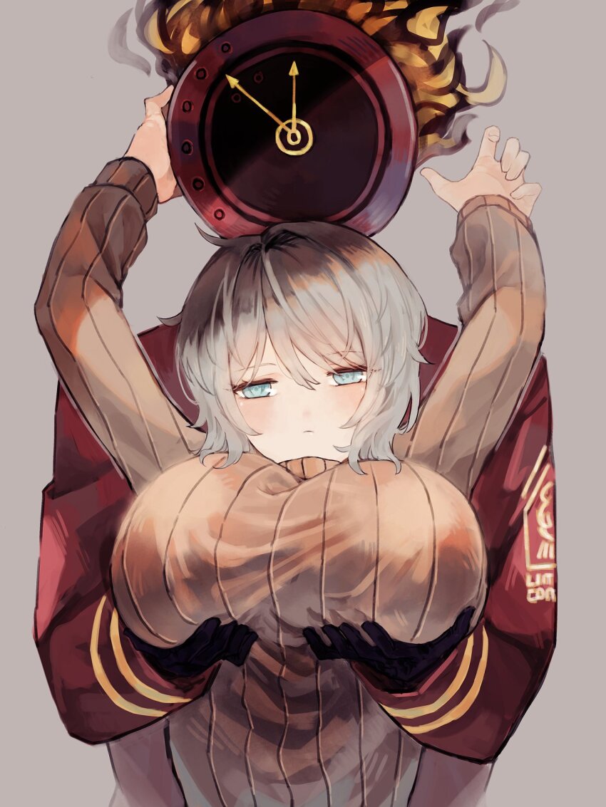 1girl 1other analog_clock blue_hair blush breasts brown_sweater clock closed_mouth coat commentary dante_(limbus_company) english_commentary expressionless faust_(project_moon) flaming_head grabbing_another&#039;s_breast grabbing_from_behind groping hand_on_another&#039;s_head highres large_breasts limbus_company object_head project_moon reaching reaching_towards_another red_coat short_hair simple_background sleeves_past_wrists starhoshi striped_clothes striped_sweater sweater vertical-striped_sweater white_hair