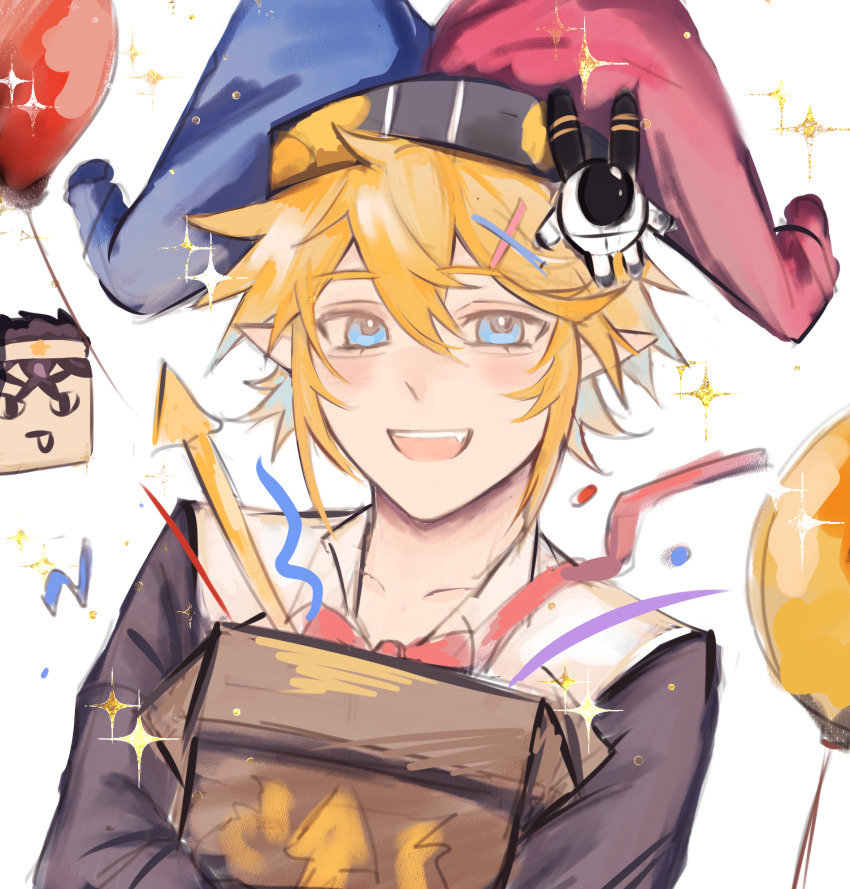 1boy :d alternate_costume aotu_world bag balloon blonde_hair blue_eyes blush bow box confetti demon_boy fang gift hair_between_eyes hair_ornament hairclip hat highres holding holding_box jester_cap king_(aotu_world) long_sleeves looking_at_viewer male_focus open_mouth paper_bag party_hat plutoray pointy_ears shirt short_hair simple_background smile solo sparkle teeth upper_body upper_teeth_only white_background