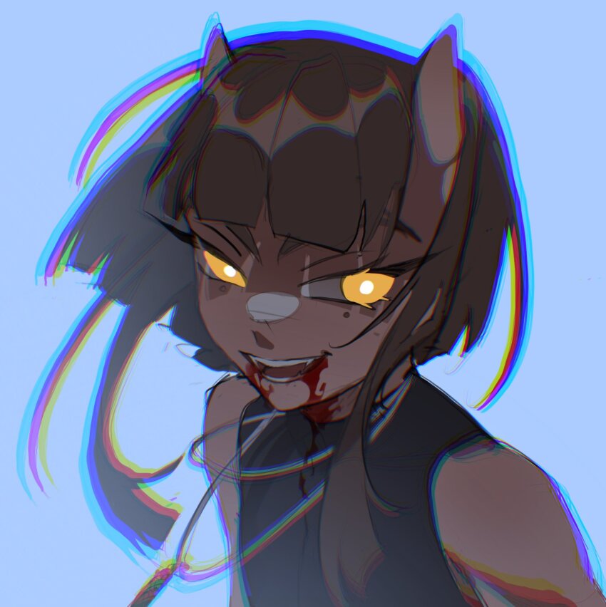 1girl bare_shoulders black_shirt blood blood_from_mouth blue_background blunt_bangs blunt_ends bright_pupils brown_hair chromatic_aberration commentary dark-skinned_female dark_skin demon_horns english_commentary evil_smile eyelashes floating_hair highres horns jewelry mole mole_under_eye necklace open_mouth original shaded_face shirt short_hair_with_long_locks simple_background skin-covered_horns sleeveless sleeveless_shirt smile solo teeth upper_body white_pupils wikate yellow_eyes