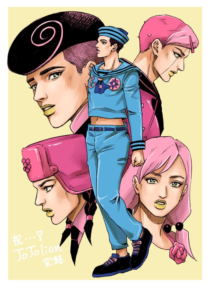 1girl 4boys black_hair blue_panties blue_sailor_collar braid commentary_request copyright_name crop_top dixie_cup_hat hage_tashuumi hair_bobbles hair_ornament hat higashikata_jobin higashikata_josuke_(jojolion) highres hirose_yasuho jojo_no_kimyou_na_bouken jojolion mamezuku_rai military_hat multiple_boys panties parted_lips pink_hair sailor_collar sailor_shirt shirt tooru_(jojolion) translation_request underwear yellow_lips