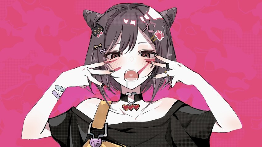 1girl animal_(vocaloid) black_shirt blush bow brown_eyes brown_hair cat_hair_ornament choker cone_hair_bun facial_mark fangs hair_bow hair_bun hair_ornament hairclip heart heart_o-ring heart_ring_choker highres jewelry looking_at_viewer nail_art o-ring o-ring_choker off_shoulder open_mouth paw_hair_ornament pink_background project_sekai ring saliva shinonome_ena shirt short_hair short_sleeves solo twmr_prsk upper_body