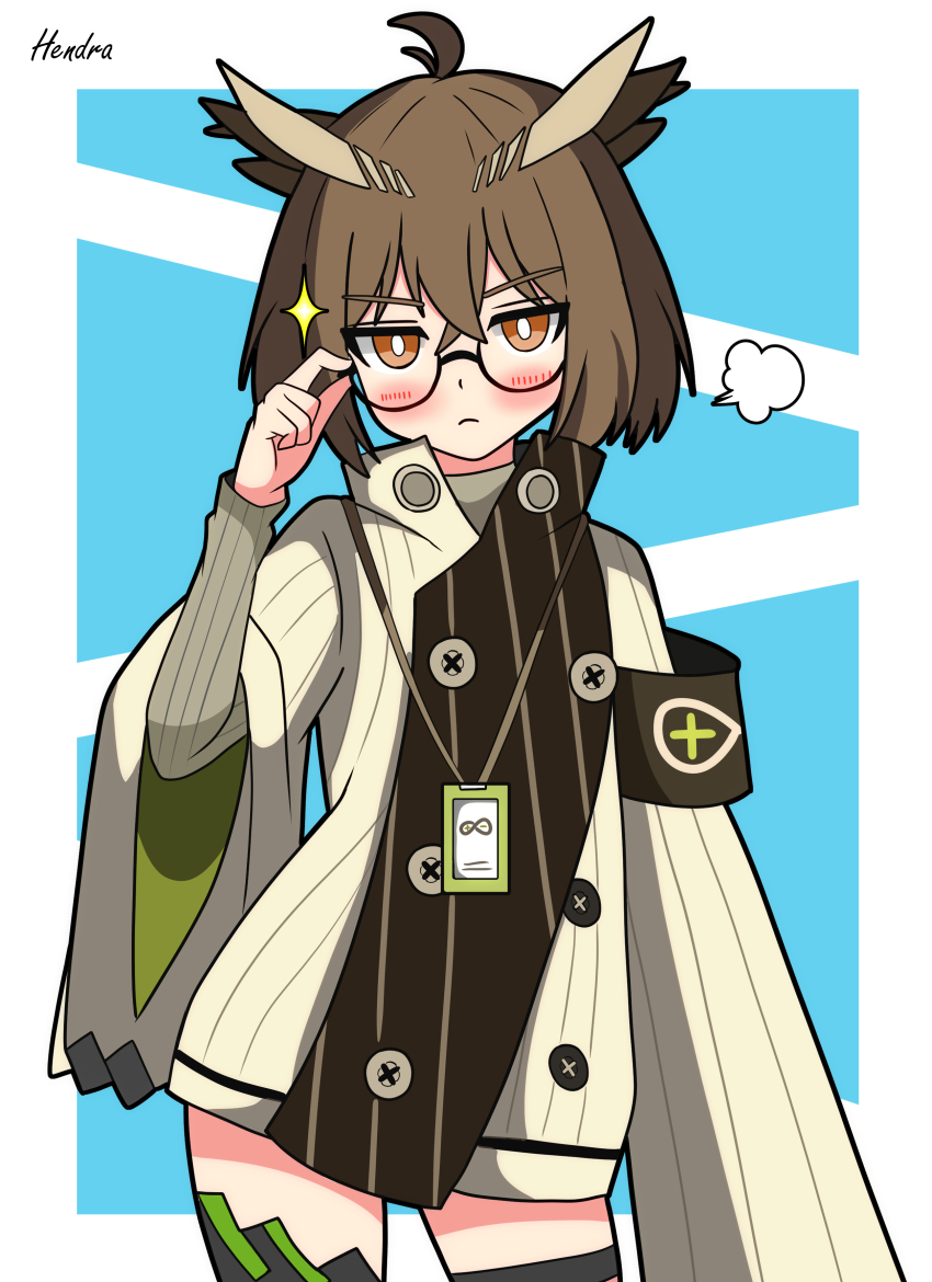 1girl absurdres ahoge arknights armband artist_name black-framed_eyewear black_armband black_outline black_thighhighs blue_background blush border bright_pupils brown_hair closed_mouth commentary_request cowboy_shot crossed_bangs glasses grey_jacket hair_between_eyes hendra highres jacket lanyard long_sleeves looking_at_viewer orange_eyes outline outside_border partial_commentary puff_of_air rhine_lab_logo semi-rimless_eyewear short_hair signature silence_(arknights) solo sparkle standing thighhighs under-rim_eyewear white_border white_pupils