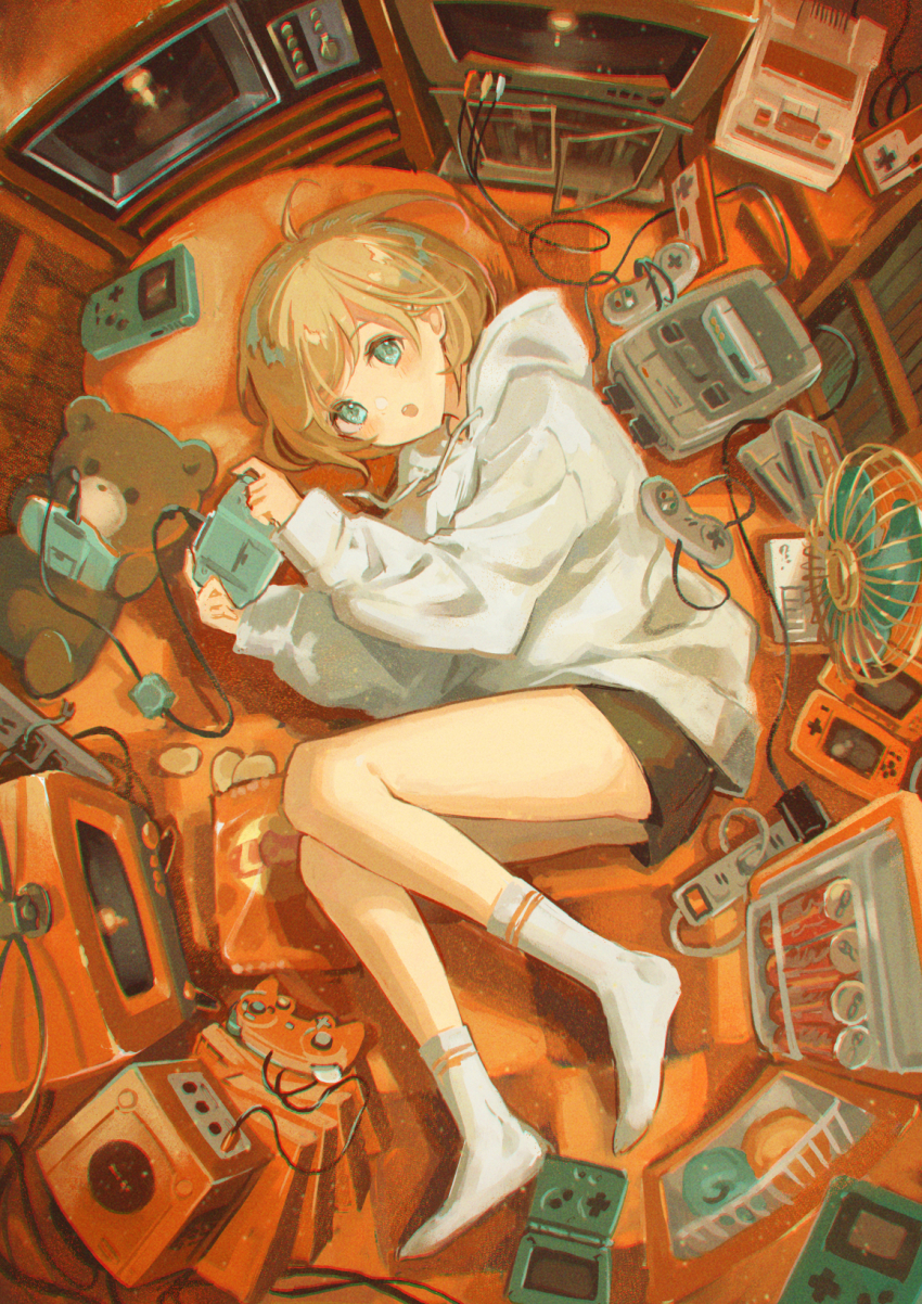 1girl absurdly_detailed_composition bag_of_chips black_shorts blonde_hair blue_eyes cable chips_(food) commentary_request controller crt electric_fan electric_plug electrical_outlet food from_above full_body game_boy game_console game_controller gamecube handheld_game_console highres holding holding_controller holding_game_controller hood hood_down hoodie indoors loaded_interior long_sleeves looking_at_viewer lying marutani nintendo_64 no_shoes on_side original playing_games potato_chips power_strip short_hair short_shorts shorts socks solo stuffed_animal stuffed_toy teddy_bear white_hoodie white_socks