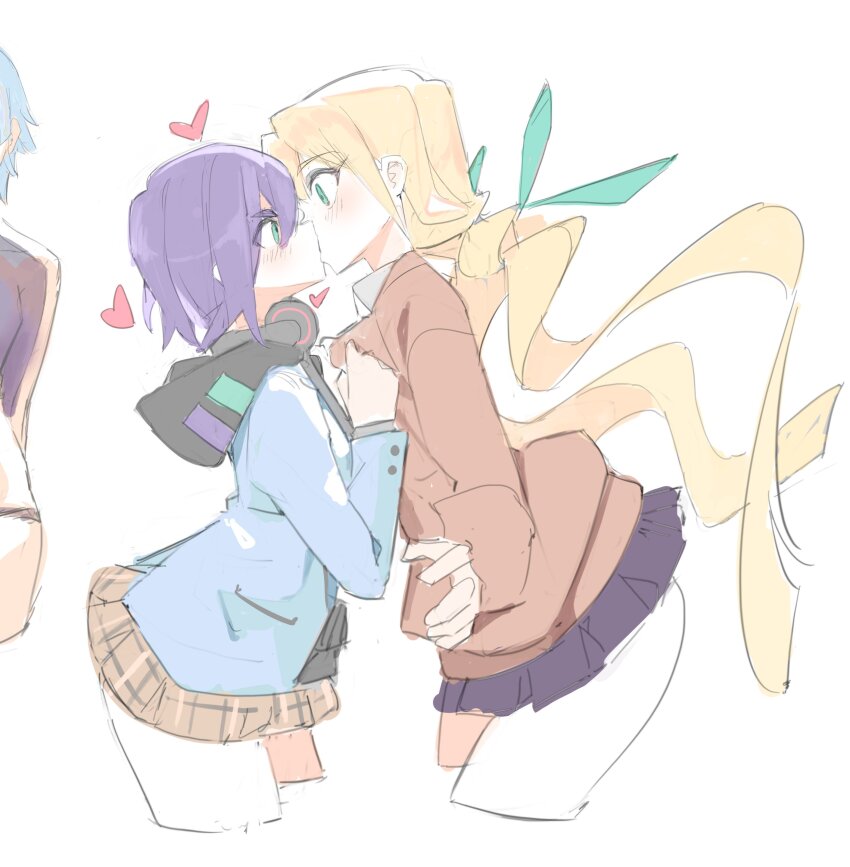 3girls absurdres bare_legs black_skirt blonde_hair blue_jacket brown_jacket brown_skirt clothes_grab commentary cropped_legs english_commentary eye_contact from_side green_eyes green_ribbon hair_between_eyes hair_ribbon haraga_kurumi headphones headphones_around_neck heart hifumi_suu highres hood hood_down hornfelstone inda_karane jacket kimi_no_koto_ga_dai_dai_dai_dai_daisuki_na_100-nin_no_kanojo kiss leaning_forward long_hair long_sleeves looking_at_another miniskirt multiple_girls out_of_frame plaid_clothes plaid_skirt pleated_skirt profile purple_hair ribbon short_hair simple_background sketch skirt very_long_hair white_background yuri