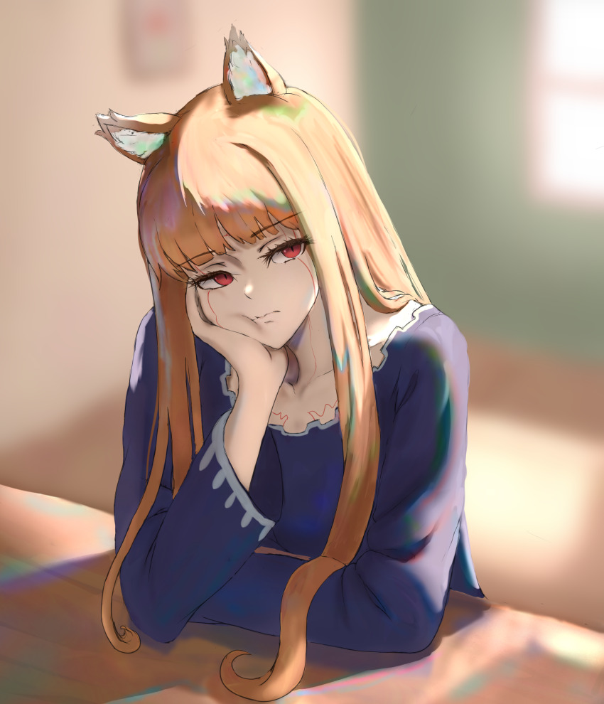 1girl absurdres animal_ears asumie_art blunt_bangs closed_mouth collarbone eyebrows_hidden_by_hair eyes_visible_through_hair hand_on_own_face highres holo long_bangs long_hair looking_at_viewer orange_hair purple_shirt red_eyes shirt sitting solo spice_and_wolf sunlight table window wolf_ears wolf_girl
