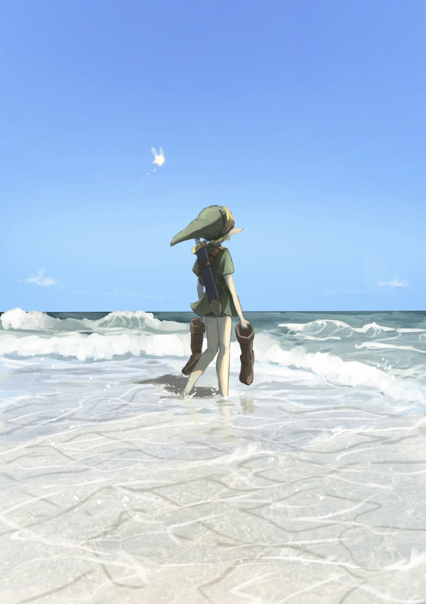 1boy absurdres bare_legs barefoot beach blonde_hair blue_sky boots brown_boots fairy from_behind green_hat green_tunic hat highres horizon link nintendo ocean pointy_ears sheath sheathed short_sleeves sky solo standing sword sword_on_back tatl tete_tuyuten the_legend_of_zelda the_legend_of_zelda:_majora&#039;s_mask tunic unworn_boots wading waves weapon weapon_on_back young_link