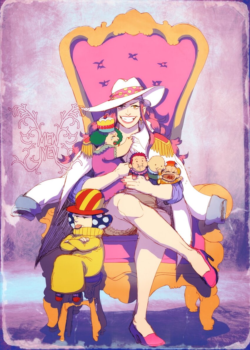 2girls 4boys artist_logo baby bald blue_hair carrying carrying_baby carrying_person charlotte_compote charlotte_daifuku charlotte_katakuri charlotte_linlin charlotte_oven charlotte_perospero coat coat_on_shoulders commentary crossed_arms crossed_legs crying dress earrings english_commentary epaulettes family frown green_hair hat highres inktober jewelry logo long_hair looking_at_viewer mewiyev multiple_boys multiple_girls one_piece orange_hair pink_dress pink_hair pink_nails pink_shoes polka_dot polka_dot_hair red_hair saliva sharp_teeth shoes short_hair sitting smile teeth throne tongue tongue_out white_coat white_hat yellow_coat yellow_eyes