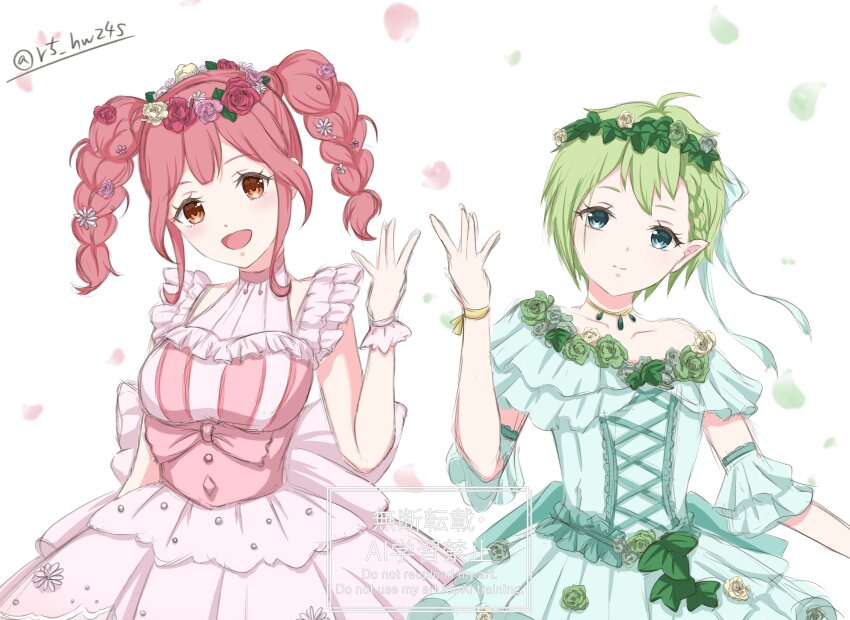 2girls absurdres blue_eyes breasts dress flower green_hair hair_flower hair_ornament highres large_breasts long_hair looking_at_viewer macross macross_delta makina_nakajima multiple_girls open_mouth pink_hair pointy_ears reina_prowler ringo_(r5_hw24s) short_hair smile twintails walkure_(macross_delta) wedding_dress
