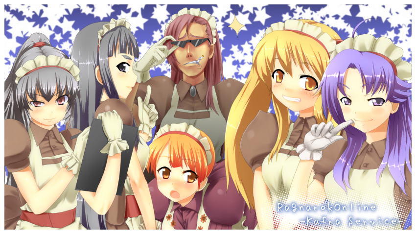 6+girls ahoge apron asymmetrical_bangs black_eyes blonde_hair blossom_(ragnarok_online) blue_background blunt_bangs border breasts brown_dress cigarette clipboard collared_dress commentary_request copyright_name curly_sue dokuo dress gloves grey_hair grin high_ponytail highres holding holding_clipboard holding_pen jasmine_(ragnarok_online) kafra_uniform leilah_(ragnarok_online) long_hair looking_at_viewer maid maid_headdress medium_breasts multiple_girls orange_eyes orange_hair pavianne_(ragnarok_online) pen ponytail puffy_short_sleeves puffy_sleeves purple_eyes purple_hair ragnarok_online red_sash roxie_(ragnarok_online) sash short_hair short_sleeves smile star_(symbol) sunglasses upper_body white_apron white_border white_gloves yellow_eyes
