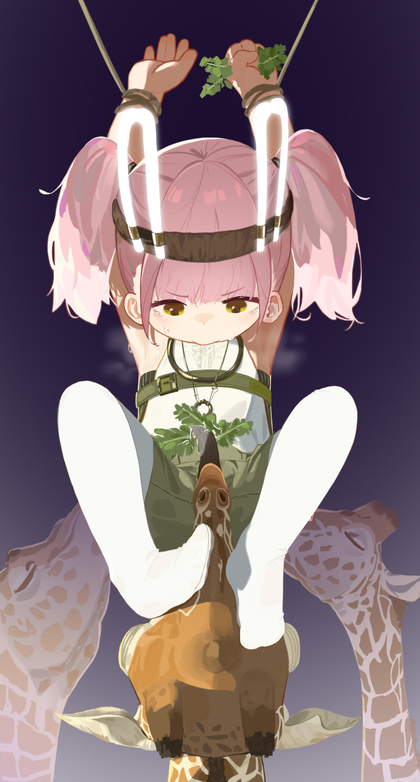 1girl absurdres animal_ears armpits arms_up crying fake_animal_ears feeding giraffe girls&#039;_frontline girls&#039;_frontline_neural_cloud highres pink_hair rabbit_ears rope shirt sleeveless sleeveless_shirt taisch_(neural_cloud) thighhighs tongue tongue_out twintails white_thighhighs xiaotsihasiha