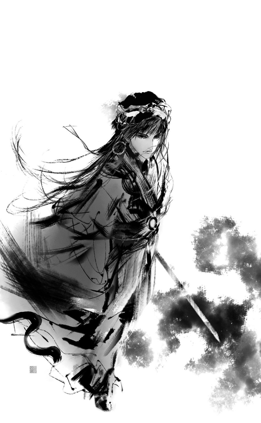 1boy belt black_background chinese_clothes closed_mouth floating_hair fransbell from_above full_body greyscale hanfu hat highres ink jinguang_budaixi long_hair looking_ahead male_focus monochrome solo standing swept_bangs sword three_quarter_view walking weapon white_background wuqing_zangyue