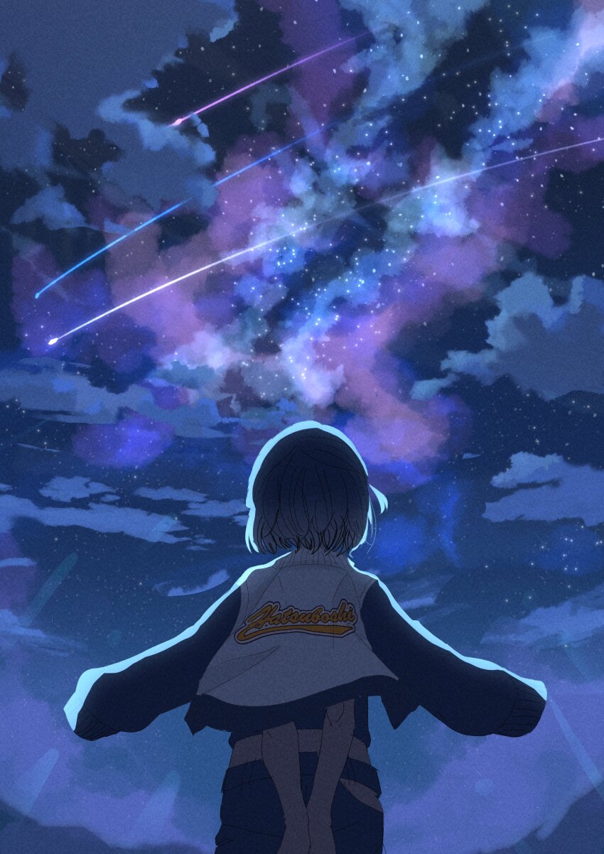 1girl absurdres arms_behind_back cloud commentary facing_away from_behind gakuen_idolmaster hataya_misuzu highres idolmaster jacket jacket_on_shoulders night night_sky outdoors pants shooting_star short_hair sky star_(sky) starry_sky tonata_0201 torn_clothes torn_pants