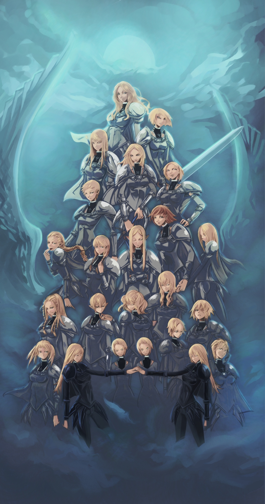 6+girls absurdres alicia_(claymore) beth_(claymore) blonde_hair bodysuit cassandra_(claymore) character_request clarisse_(claymore) claymore_(series) claymore_(sword) cynthia_(claymore) deneve dietrich everyone galatea grey_eyes helen highres huge_weapon hysteria_(claymore) irene miata_(claymore) miria multiple_girls nephy ophelia_(claymore) pointy_ears priscilla_(claymore) pteruges rafaela roxanne_(claymore) scar scar_across_eye scar_on_face siblings sisters sword teresa twins weapon