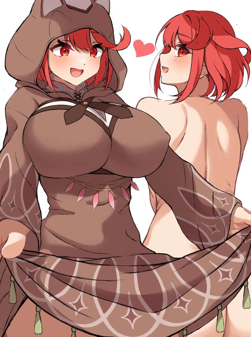1girl absurdres animal_ear_hood ass breasts brown_robe commentary_request covered_erect_nipples cowboy_shot disguised_pyra_(xenoblade) fake_animal_ears heart highres hood hood_up large_breasts lifting_own_clothes long_sleeves looking_at_viewer looking_back mikan_(mika_n95) multiple_views nude open_mouth paid_reward_available pyra_(xenoblade) robe robe_lift sideways_glance simple_background smile white_background xenoblade_chronicles_(series) xenoblade_chronicles_2