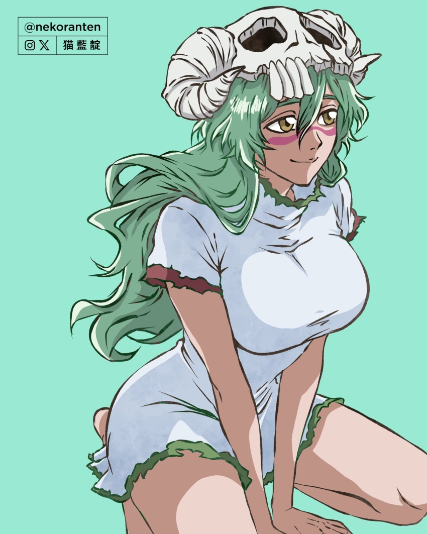 1girl arrancar artist_name bleach breasts dress facial_mark female_focus green_hair highres large_breasts long_hair mask mask_on_head nekoranten nelliel_tu_odelschwanck simple_background skull_on_head smile twitter_username yellow_eyes
