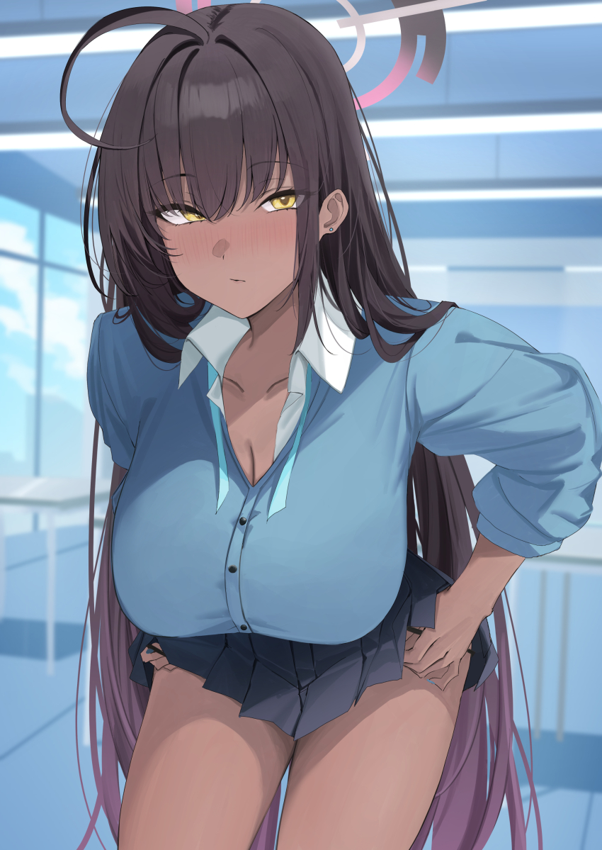 1girl absurdres ahoge black_hair black_panties black_skirt blue_archive blue_cardigan blush breasts cardigan cleavage commentary dark-skinned_female dark_skin gradient_hair halo highres holding holding_panties holding_underwear holding_unworn_clothes indoors karin_(blue_archive) karin_(school_uniform)_(blue_archive) large_breasts leaning_forward long_hair looking_at_viewer miniskirt multicolored_hair neck_ribbon official_alternate_costume open_collar panties pleated_skirt purple_hair ref_(pmxt4483) ribbon school_uniform skirt solo straight_hair thighs underwear undone_neck_ribbon very_long_hair yellow_eyes