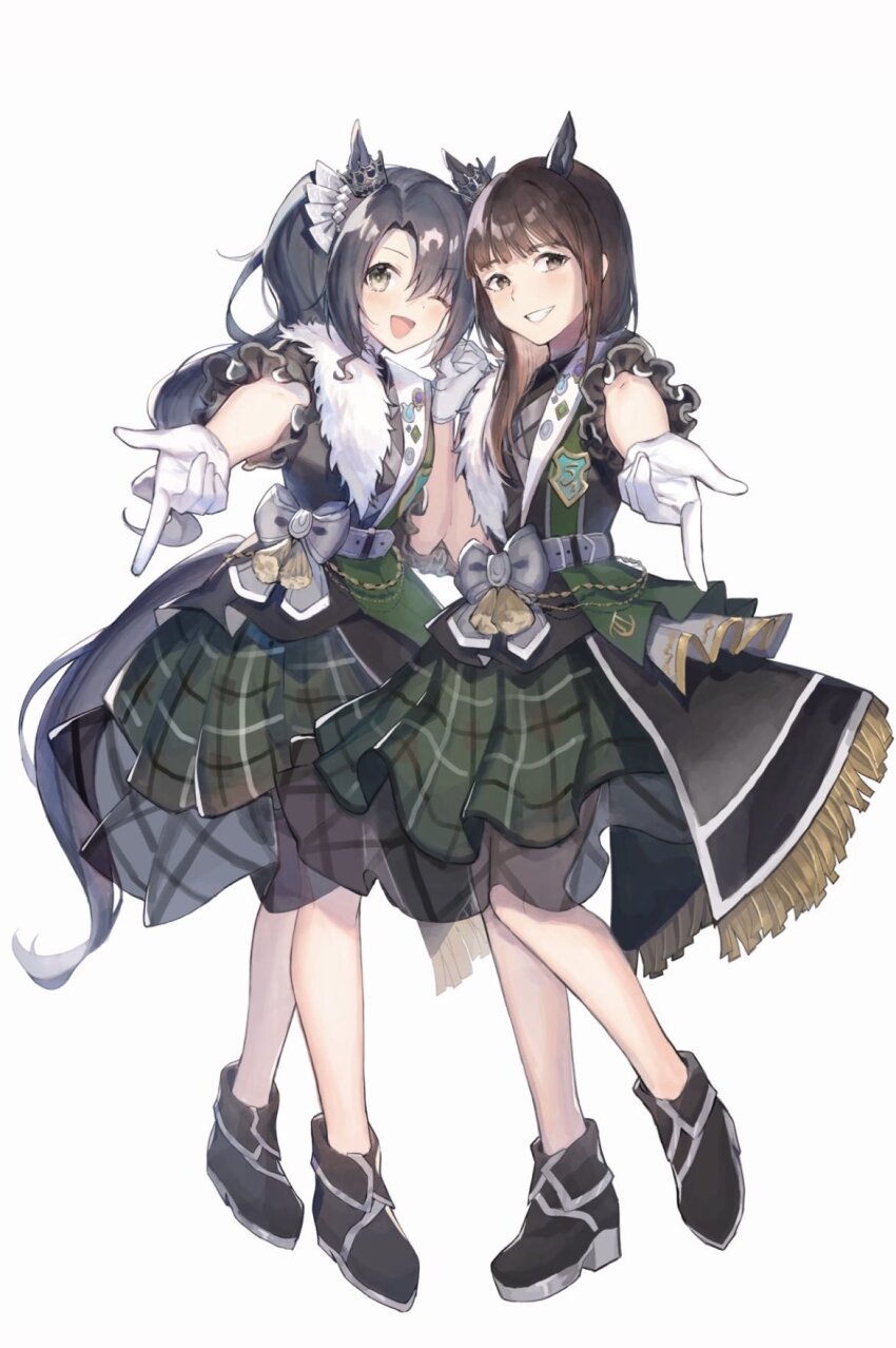 2girls alternate_costume animal_ears artist_request black_hair brown_eyes brown_hair commentary_request full_body gloves green_eyes grin highres horse_ears horse_girl horse_tail looking_at_viewer matching_outfits multiple_girls one_eye_closed open_mouth real_life satono_crown_(umamusume) shoes side_ponytail simple_background smile suzushiro_sayumi tail umamusume voice_actor voice_actor_connection white_background