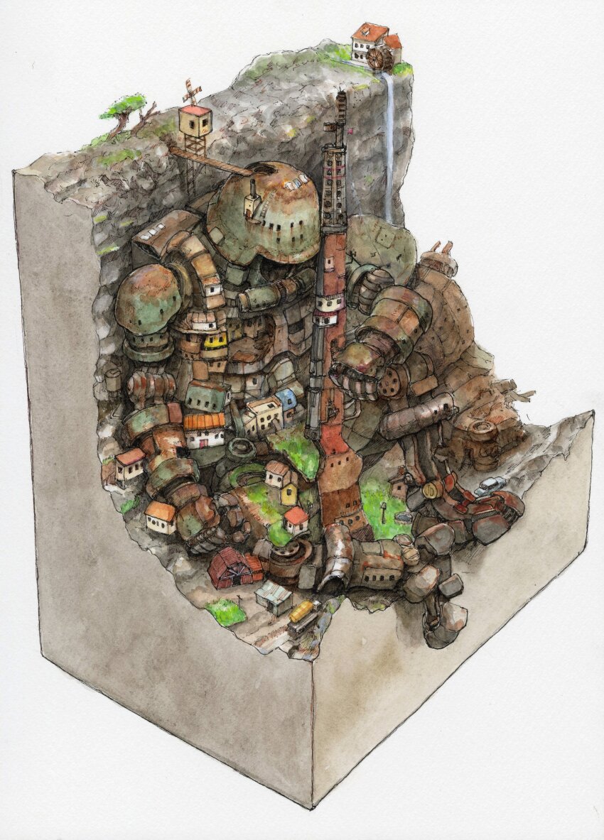 absurdres diorama drying drying_clothes gun helmet highres mechanical_arms mechanical_legs no_humans original rifle robot science_fiction town tree tsuboi_hajime water_wheel weapon window