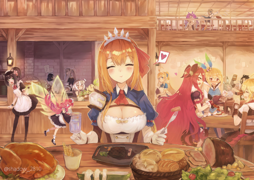 6+girls ahoge anger_vein animal_ears apron ascot basket black_hair blonde_hair blush bow bread_bun breasts brown_hair carrot cat_ears cat_girl character_request chest_strap chicken_(food) cleavage cleo_(dragalia_lost) closed_eyes collared_shirt commentary cup detached_sleeves dragalia_lost eating elbow_gloves elisanne fairy fairy_wings fingerless_gloves food fork gloves green_eyes hair_bow heart holding holding_fork holding_tray horns indoors kokkoro_(princess_connect!) lantern large_breasts long_hair maid_headdress meat mini_person minigirl multiple_girls mym_(dragalia_lost) neck_ribbon nose_blush notte_(dragalia_lost) onigiri open_mouth orange_hair pecorine_(princess_connect!) pink_hair plate pointy_ears ponytail princess_connect! puffy_short_sleeves puffy_sleeves purple_hair red_eyes red_hair restaurant ribbon salad shadow2810 shirt short_hair short_sleeves sitting sleeveless sleeveless_shirt smile socks solo_focus speech_bubble spoken_heart steak table tavern thighhighs tiara tray tripping twintails underbust very_long_hair waitress white_hair wings wrist_cuffs